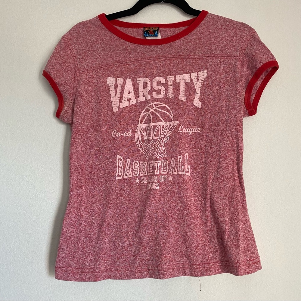 red 2000s varsity league baby tee